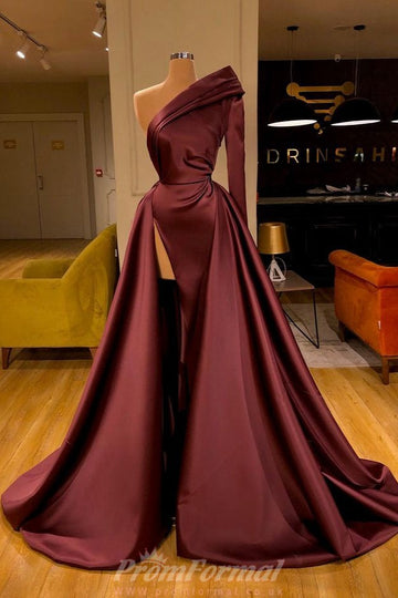 Dark Burgundy Long Sleeve Sexy High Split One Sleeve Evening Dress REALS163