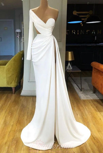 White Sexy High Split Long Sleeve One Shoulder Evening Dress REALS165