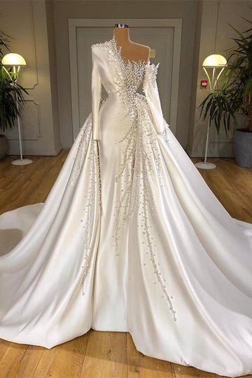 Ivory Luxury Designer Pearls Prom Dress Long Sleeves REALS167