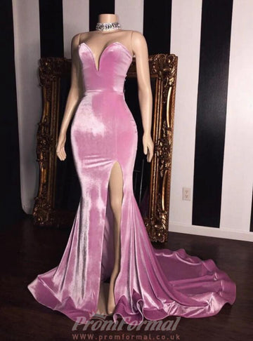 Pink Velvet Sweetheart Side Slit Mermaid Prom Dress REALS172