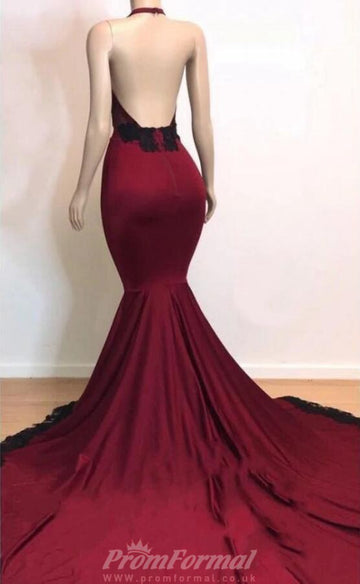 Black Burgundy V neck Halter Mermaid Evening Dress REALS174