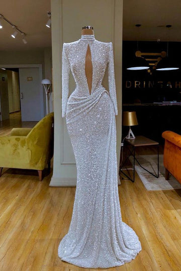 White Mermaid Long Sleeve High Neck Sequins Evening Dress REALS183