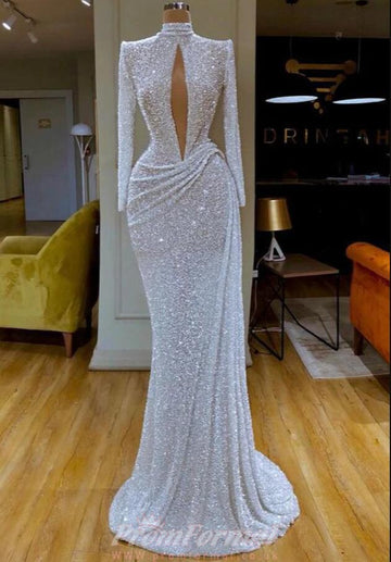 White Mermaid Long Sleeve High Neck Sequins Evening Dress REALS183