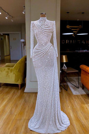 Sparkle White Sequin Long Sleeve Evening Dress REALS185