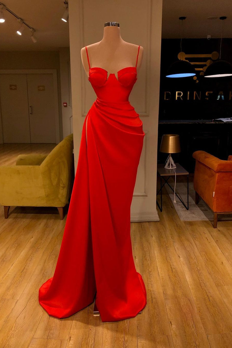 Straps Sexy High Split Red Evening Dress REALS187