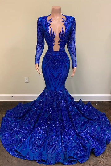 Sparkle Royal Blue Sequin Long Sleeves Mermaid Evening Dress REALS188