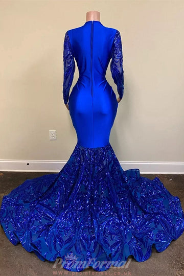 Sparkle Royal Blue Sequin Long Sleeves Mermaid Evening Dress REALS188