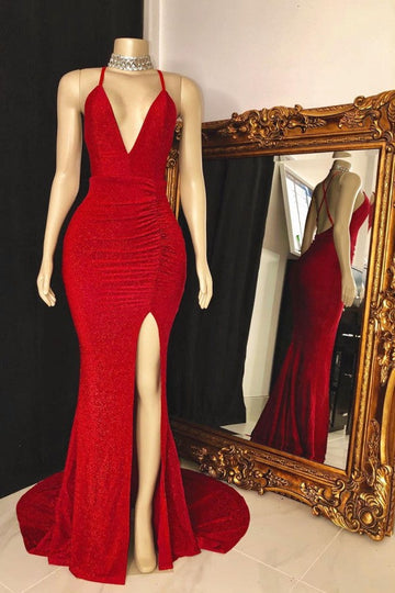 V neck Red Long Sexy Mermaid Evening Dress REALS190