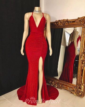 V neck Red Long Sexy Mermaid Evening Dress REALS190