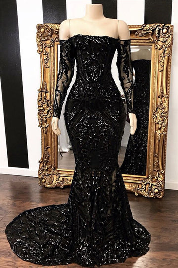 Black Long Sleeve Off The Shoulder Mermaid Sexy Evening Dress REALS191