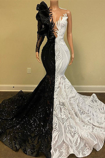 Half Black White One Shoulder Long Sleeve Mermaid Evening Dress REALS202