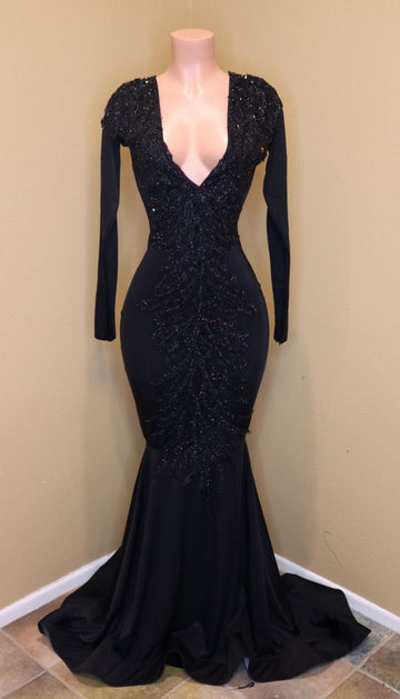 Black V neck Long Sleeve Sexy Mermaid Evening Dress REALS209