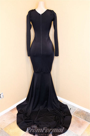Black V neck Long Sleeve Sexy Mermaid Evening Dress REALS209