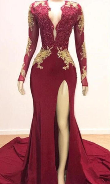 V neck Long Sleeve Lace Appliques Sexy Split Mermaid Evening Gowns REALS210