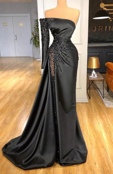 Black Long Sleeve One Shoulder Sexy Evening Dress REALS211