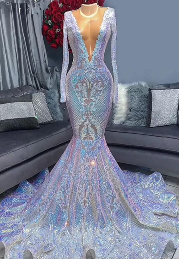 Sparkle Sequins V Neck Long Sleeves Sexy Mermaid Evening Dress REALS212