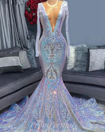 Sparkle Sequins V Neck Long Sleeves Sexy Mermaid Evening Dress REALS212