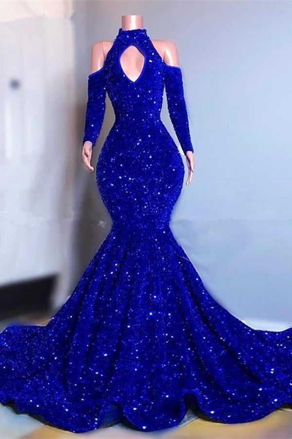 Royal Blue Mermaid Long Sleeves Sexy Evening Dress  REALS213