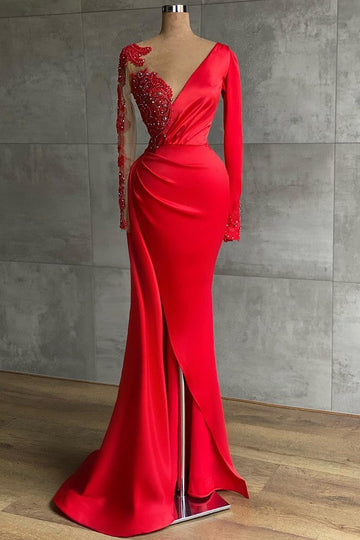 Red Long Sleeve V neck Sexy Mermaid Evening Dress REALS215