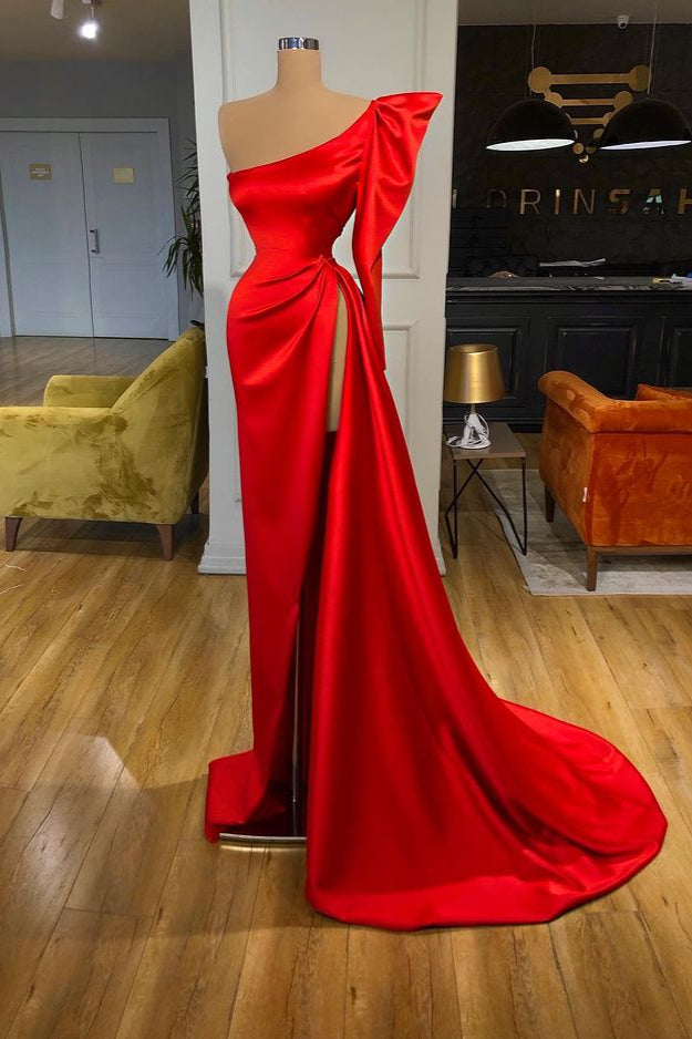 Bubble Sleeve One Shoulder Red Sexy High Split Evening Dress REALS216