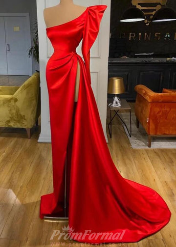 Bubble Sleeve One Shoulder Red Sexy High Split Evening Dress REALS216