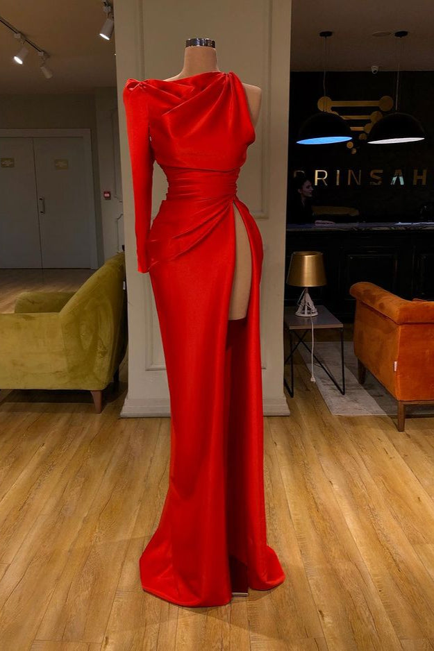 Red One Shoulder Long Sleeves Sexy High Split Evening Dress REALS217