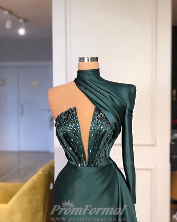 Dark Green High Neck One Shoulder Long Sleeve Sexy Mermaid Evening Gowns REALS218