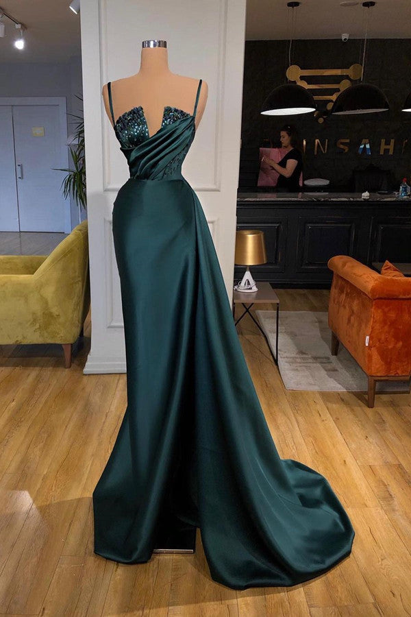 Dark Green Straps Crystal Sexy Mermaid Evening Dress REALS219