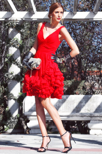 Red Juniors V Neck Short Prom Dress SHORT010