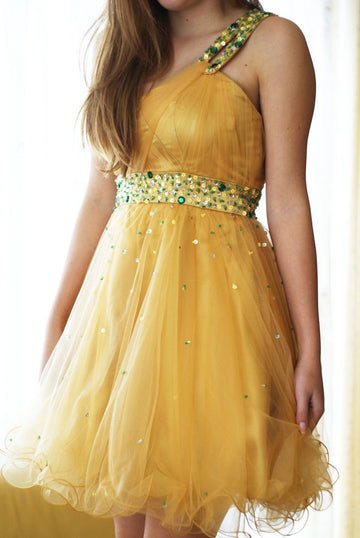 Juniors Yellow One Shoulder Short Prom Dress SHORT013