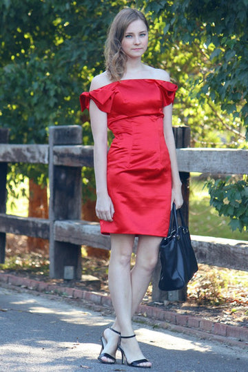 Red Juniors Satin Off The Shoulder Short Prom Dress SHORT019