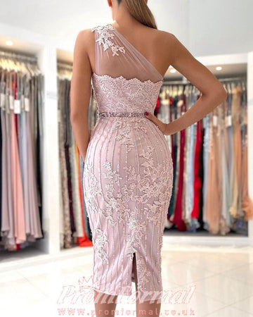 Pink One Shoulder Lace Sheath Short Prom Dress SHORT033