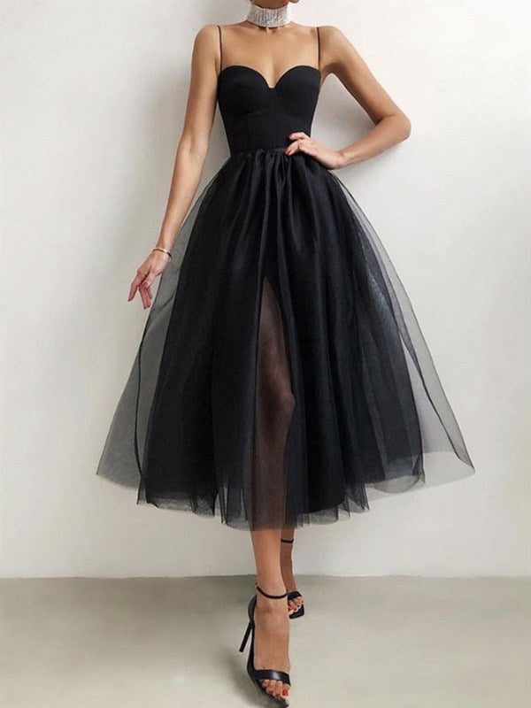 Classic Tea Length Black Tulle Prom Dress SHORT059