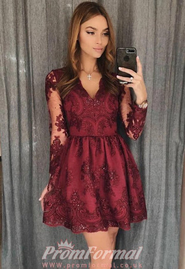 Long Sleeves V Neck Short Burgundy Junior Prom Dress SHORT062