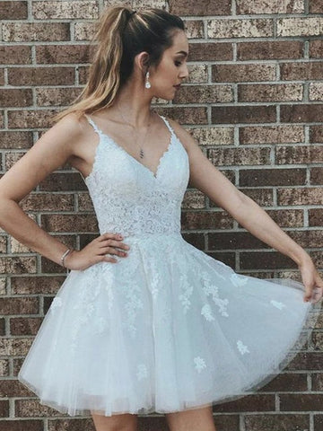 Lace V Neck Juniors Short White Prom Dress SHORT067