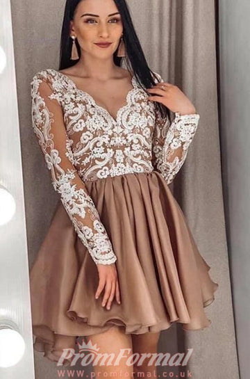 Long Sleeves V Neck Brown Lace Junior Short Prom Dress SHORT070