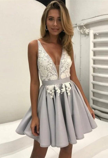 Juniors V Neck Gray Homecoming Dress SHORT084