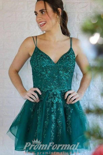 Straps V Neck Short Ink Blue Prom Dress SHORT090