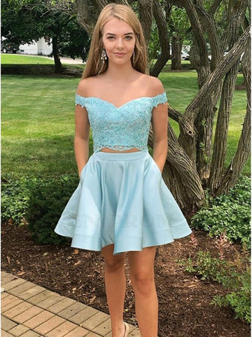 Off the Shoulder Short 2 Piece Lace Junior Prom Dress SHORT094