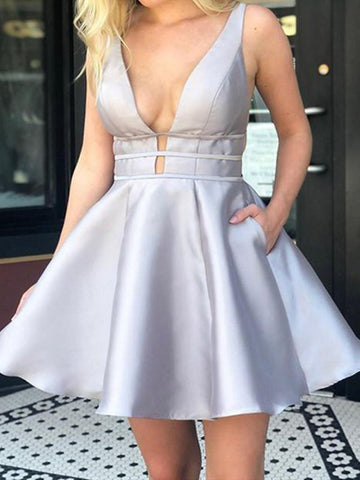 V Neck Silver Junior Short Prom Dress SHORT117