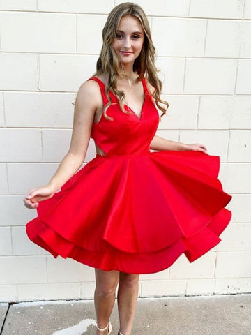 Short V Neck Red Junior Satin Prom Dress SHORT124