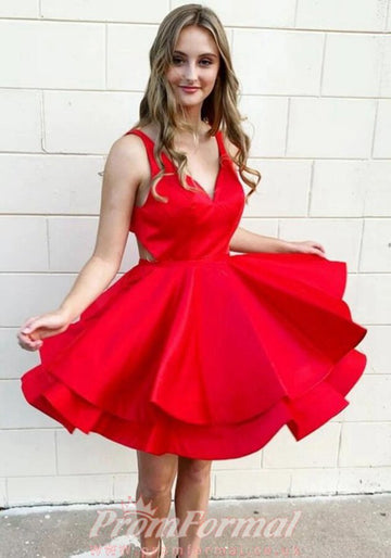 Short V Neck Red Junior Satin Prom Dress SHORT124