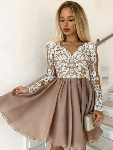 Long Sleeve Short Champagne Lace Junior Formal Dress SHORT132