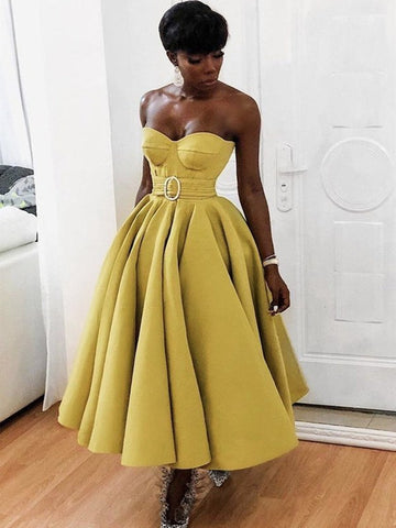 Sweetheart Tea Length Yellow Satin Prom Dress SHORT136