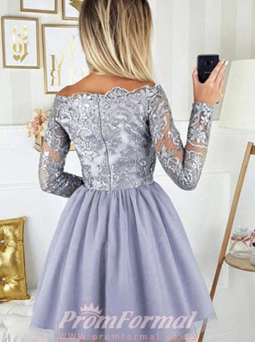 Long Sleeve Short Silver Lace Junior Prom Dress SHORT138