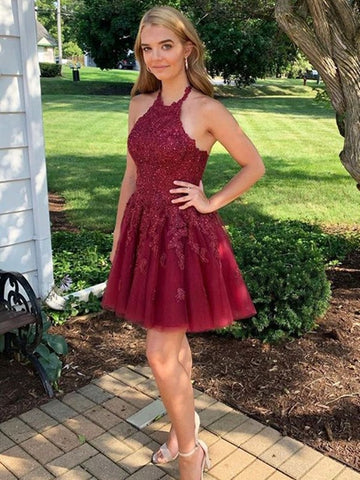 Halter Short Burgundy Lace Junior Prom Dress SHORT146