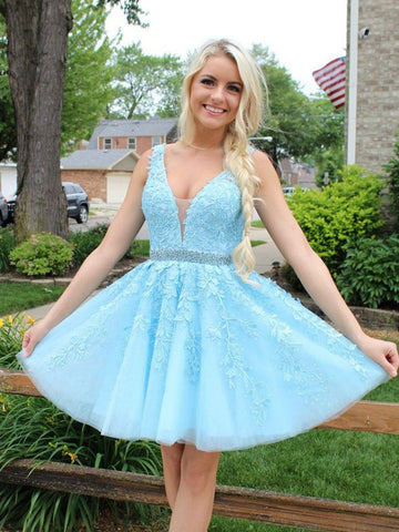 V Neck Short Blue Junior Lace Prom Dress SHORT151