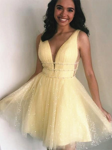 Short V Neck Yellow Teen Homecoming Dress SHORT158