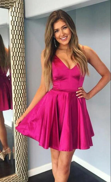 V Neck Fuchsia Short Junior Satin Prom Dress SHORT166