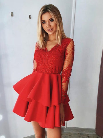 V Neck Long Sleeves Short Red Junior Prom Dress SHORT172